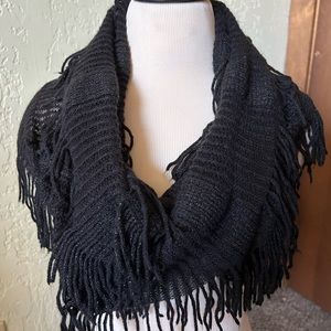 #105 black crocheted infinity scarf with a touch of sparkle and fringe